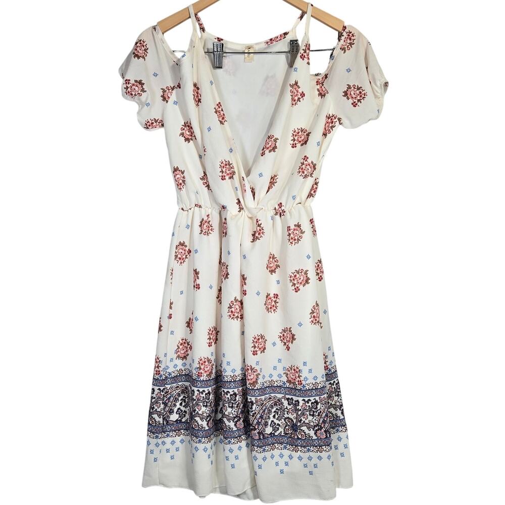 MARU Cold Shoulder‎ Floral Print Dress Boho Paisley Embellished Midi L